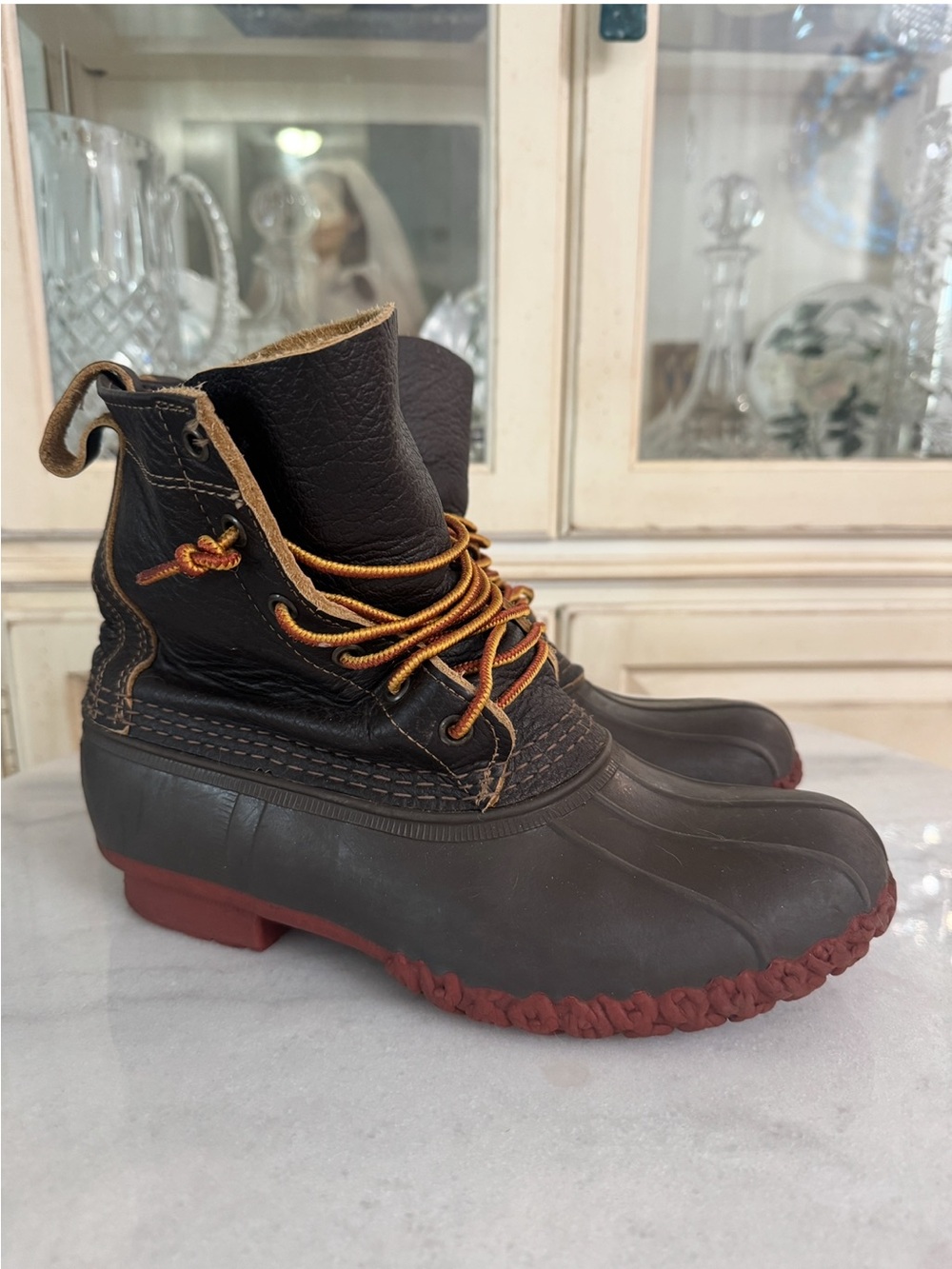 L.L. Bean Black Duck Boots with Brown Soles and Gold Laces